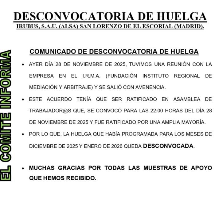 Desconvocatoria de HUELGA ALSA